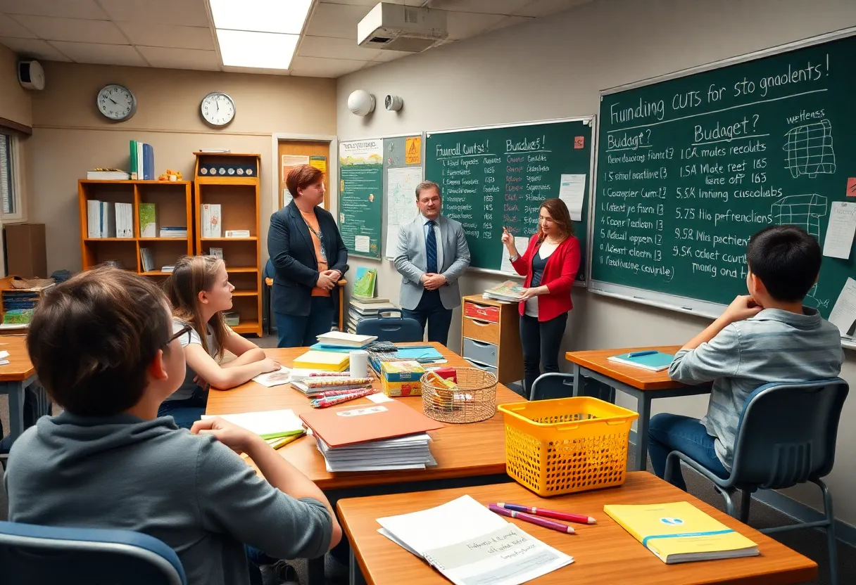 Students and teachers discussing school funding issues in a classroom.