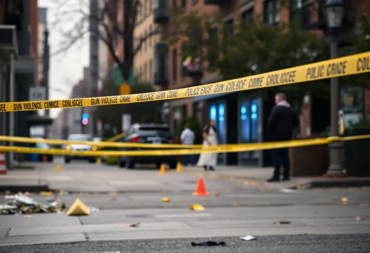 Police tape at a crime scene in Baltimore with evidence markers.