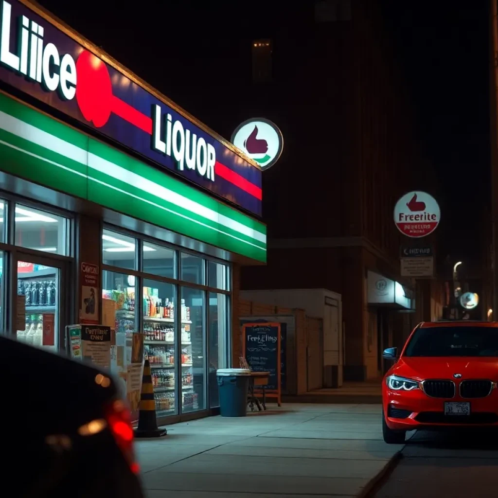 Liquor store outside view at night with police presence.