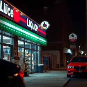 Liquor store outside view at night with police presence.