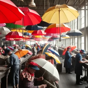 Workers in a Baltimore umbrella factory during the 1920s