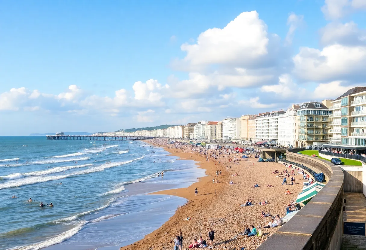 Seaside view of Brighton with bathers enjoying the water