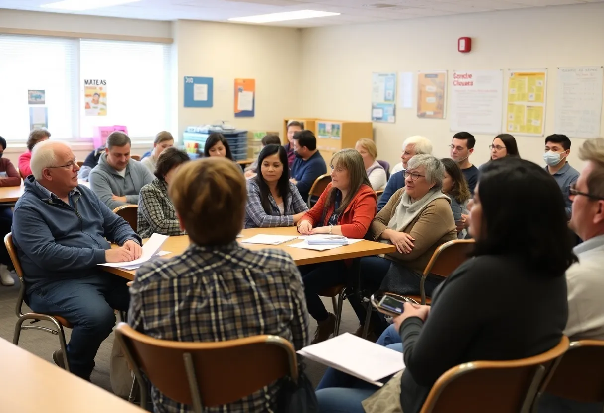 Community members participating in a meeting about school closures.