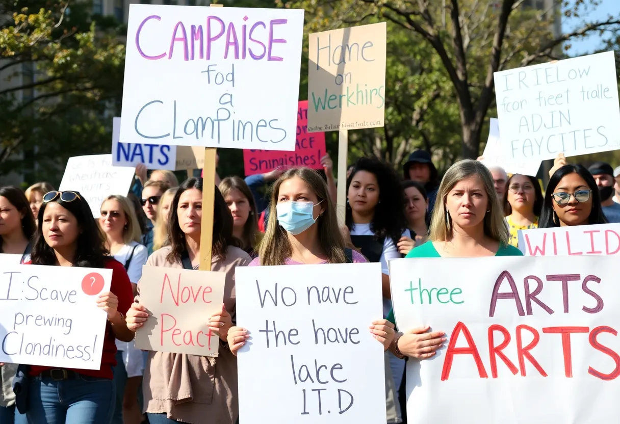 Community members rallying in support of theater arts