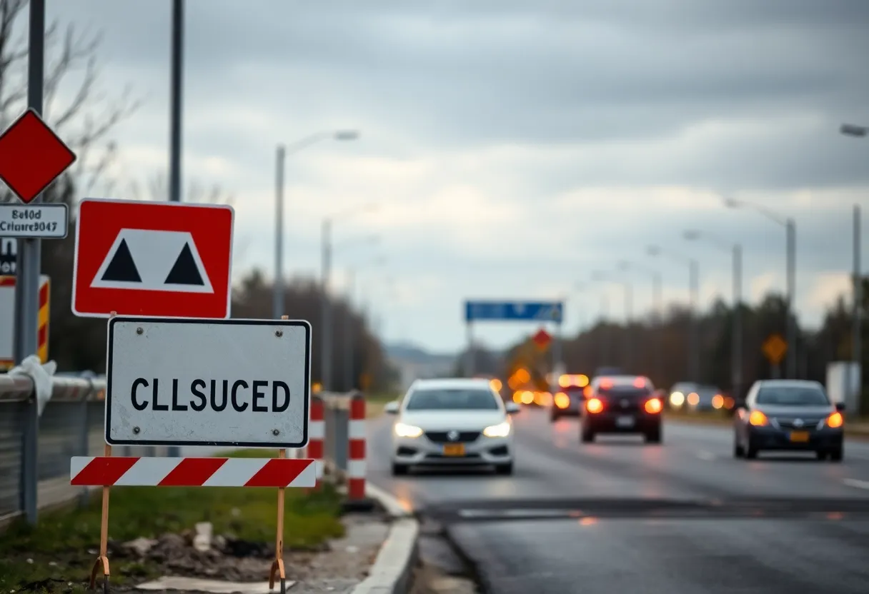 Road construction site with warning signs and emergency lights.