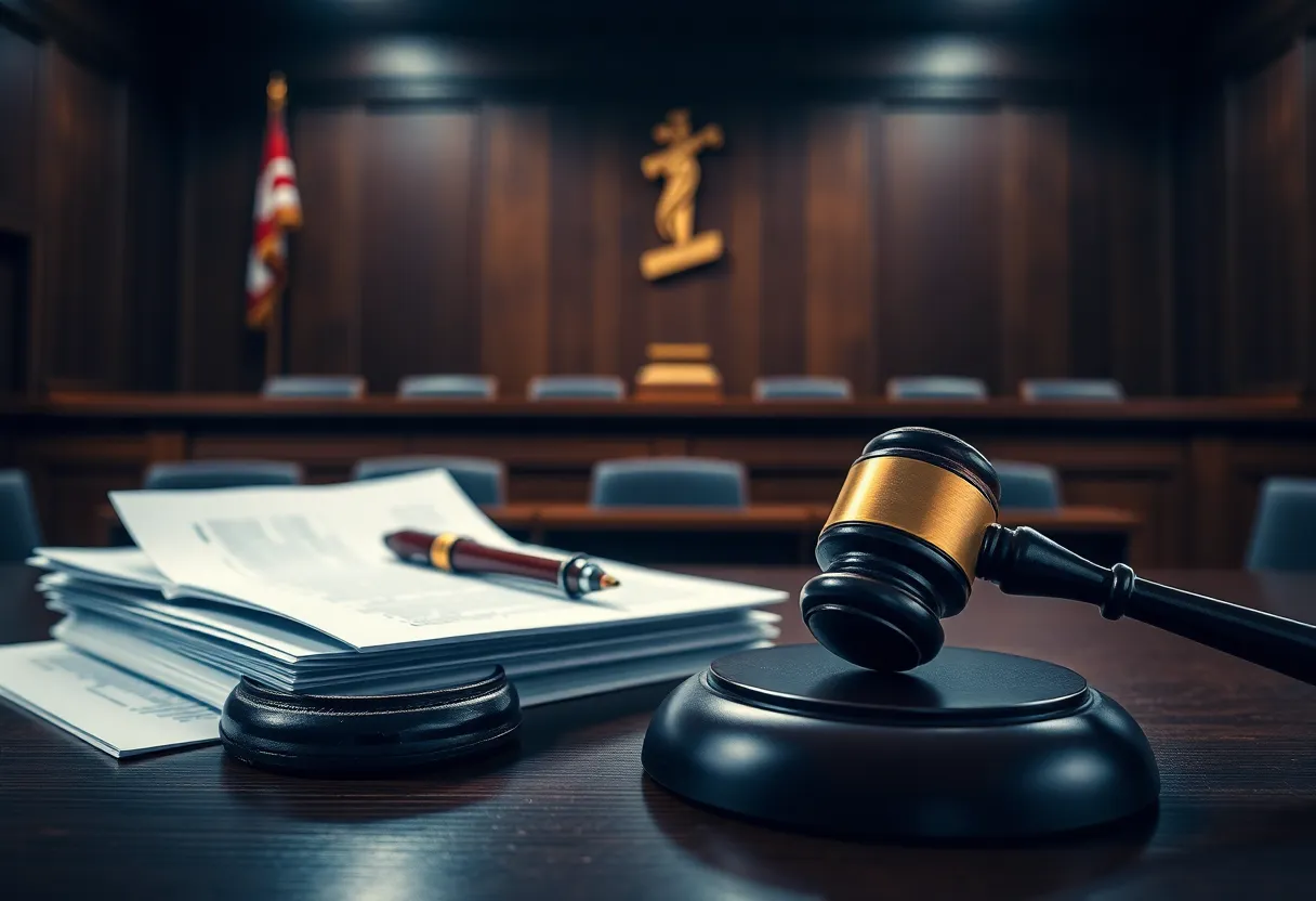 A courtroom scene depicting a deposition on sexual abuse allegations.