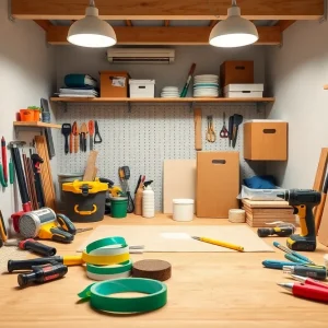 Organized DIY workspace with tools and lighting