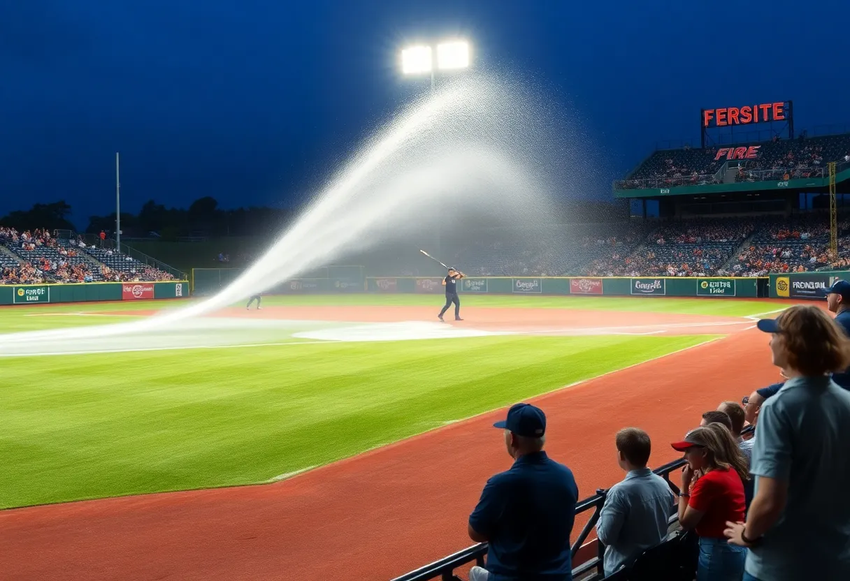 Firefighter spraying water on a baseball field during a game