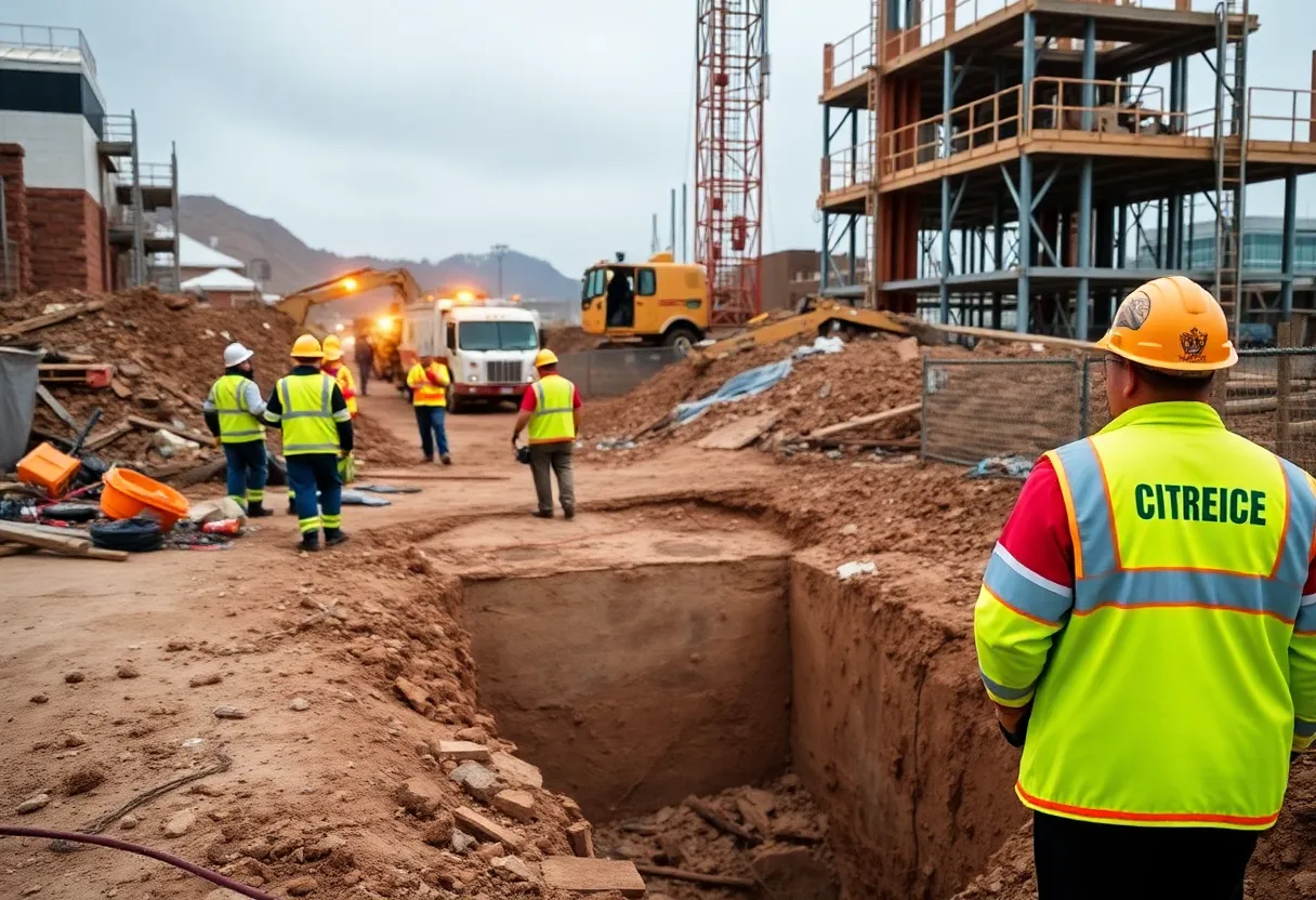 Emergency response team working at construction site after trench collapse