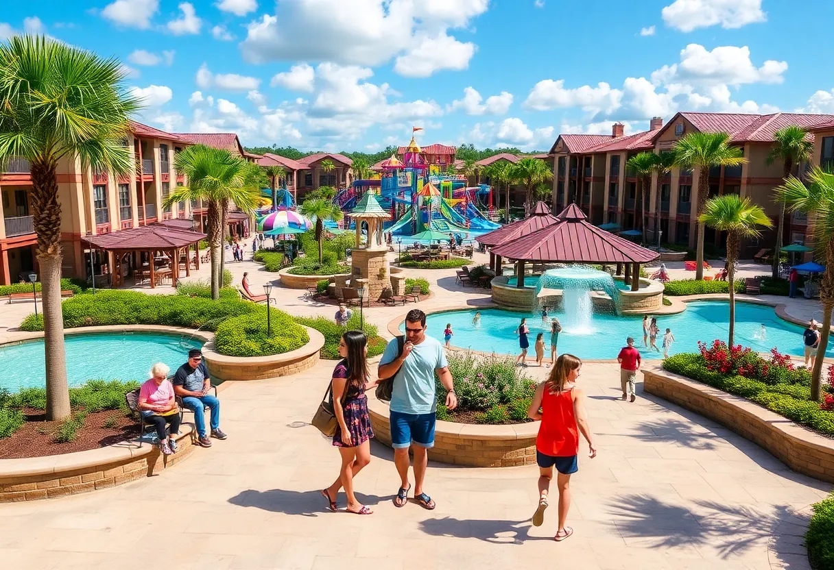 Family-friendly amenities at Grande Lakes Orlando Resort with Epic Universe theme park in the background.