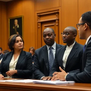 Group of lawyers in a courtroom discussing strategies for a criminal defense case in Baltimore.