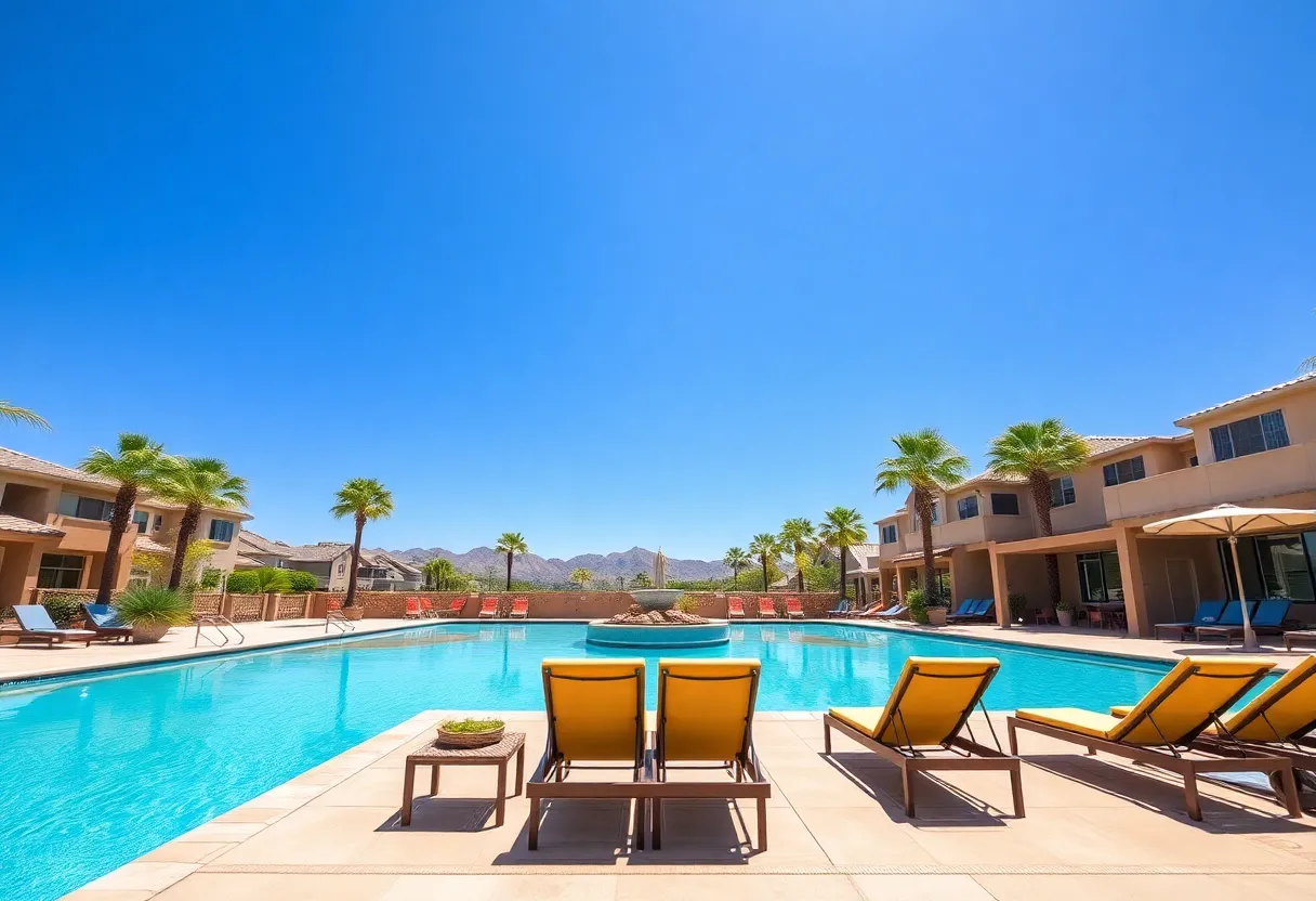 Luxury pool at an Arizona resort surrounded by palm trees