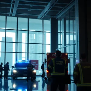 Emergency vehicles outside a skyscraper in Manhattan