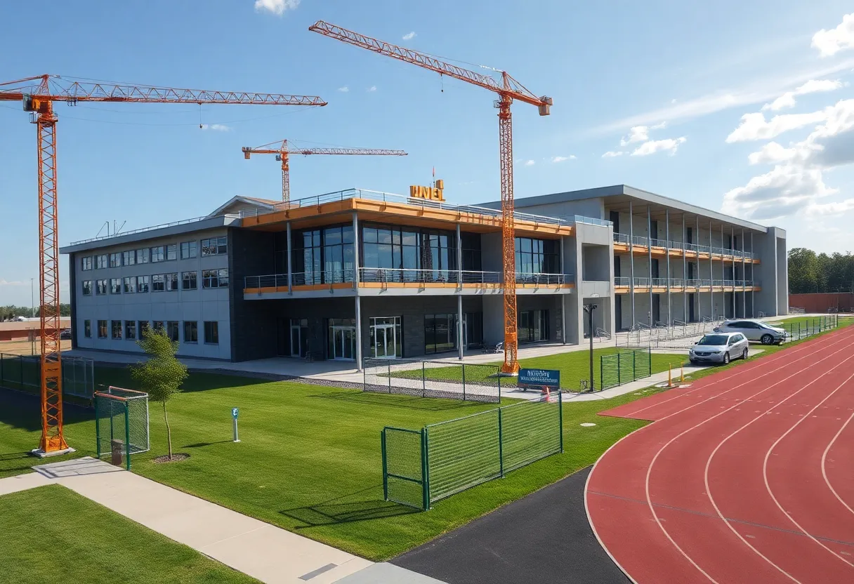 Construction site of Maury High School with cranes and workers
