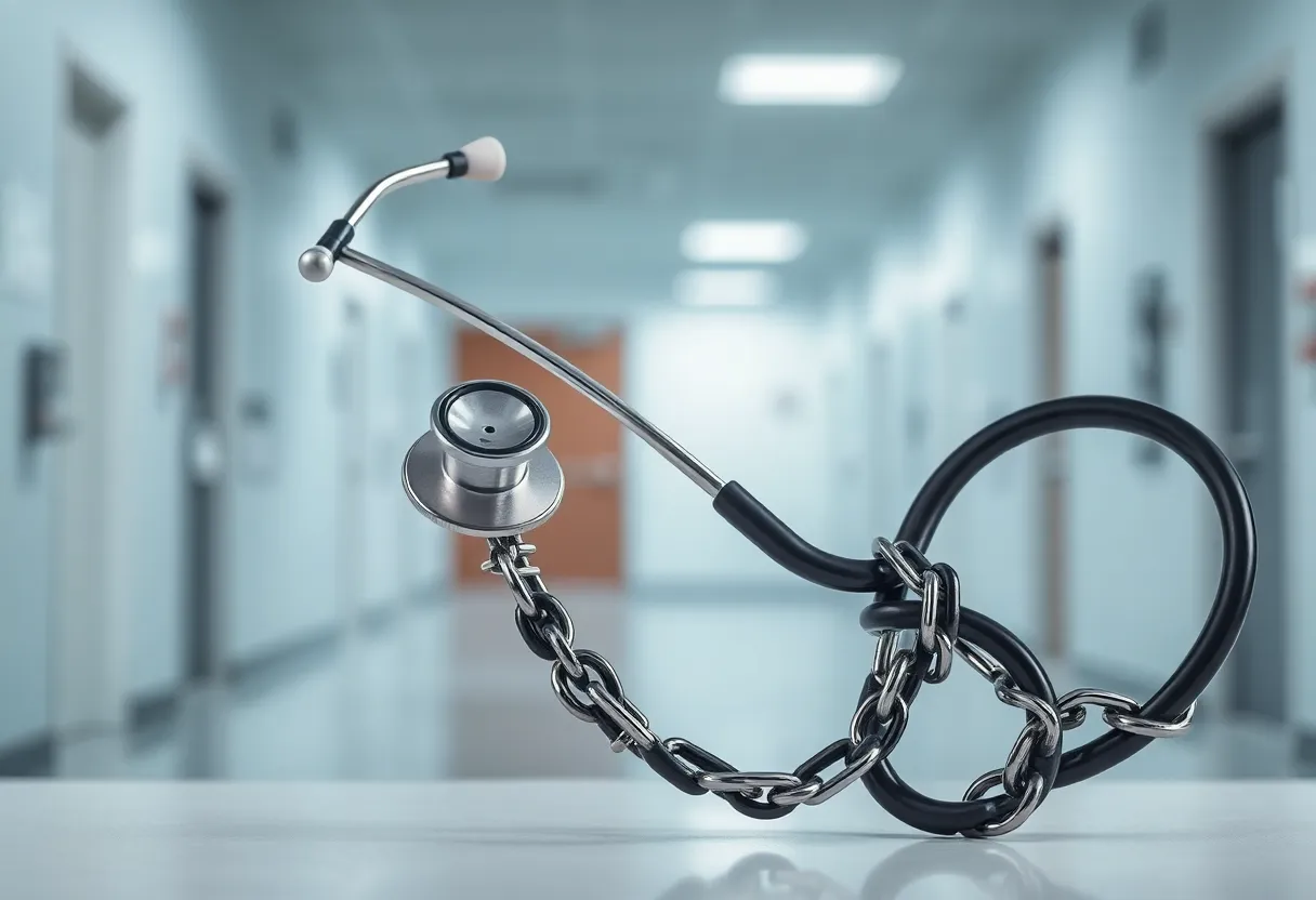 A stethoscope tangled in chains, symbolizing the compromise of medical ethics in healthcare.