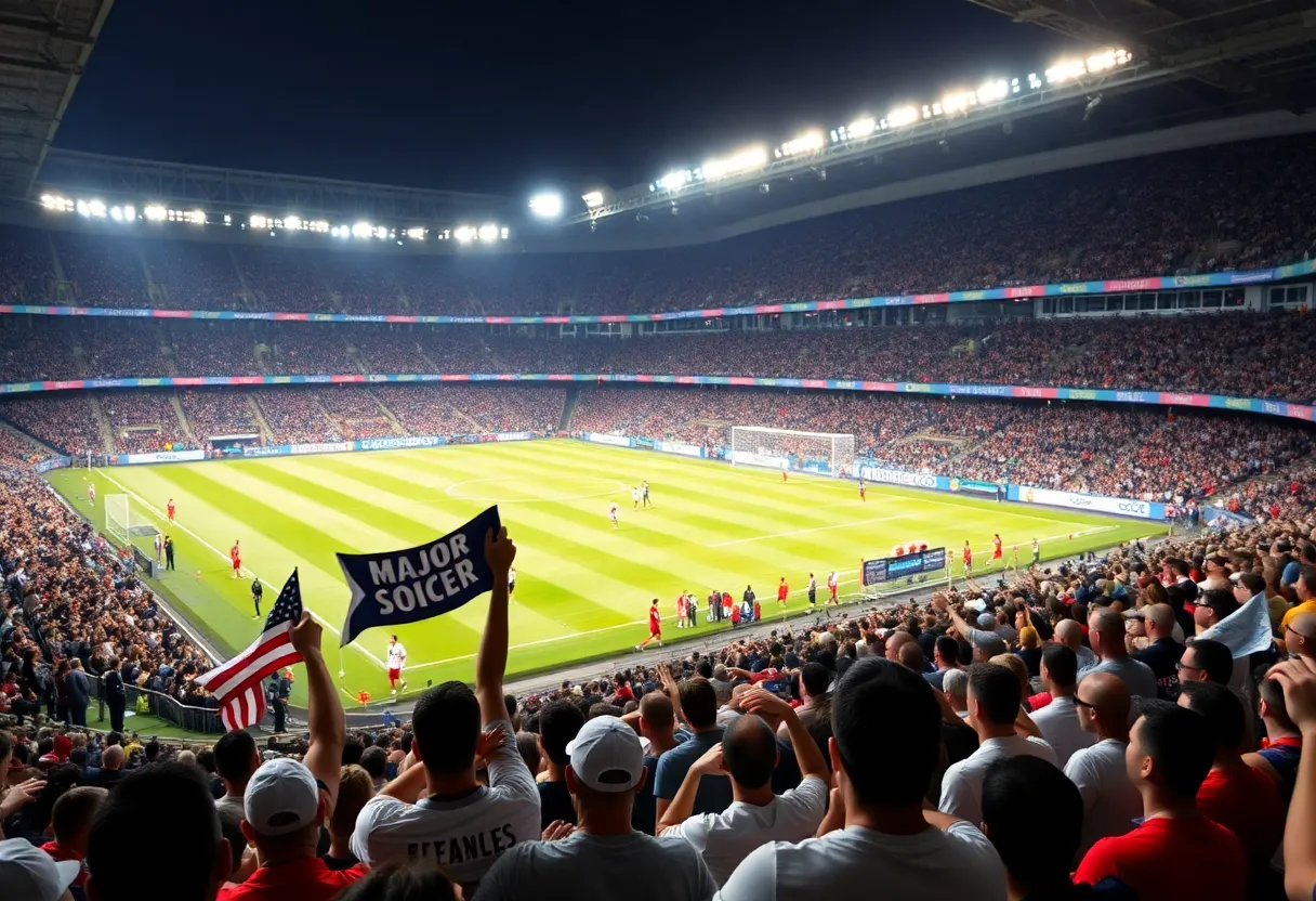 Vibrant soccer stadium filled with fans during an MLS match.