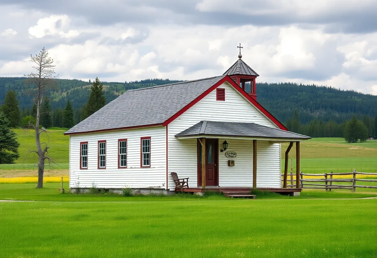 Scenic view of a rural schoolhouse in Montana