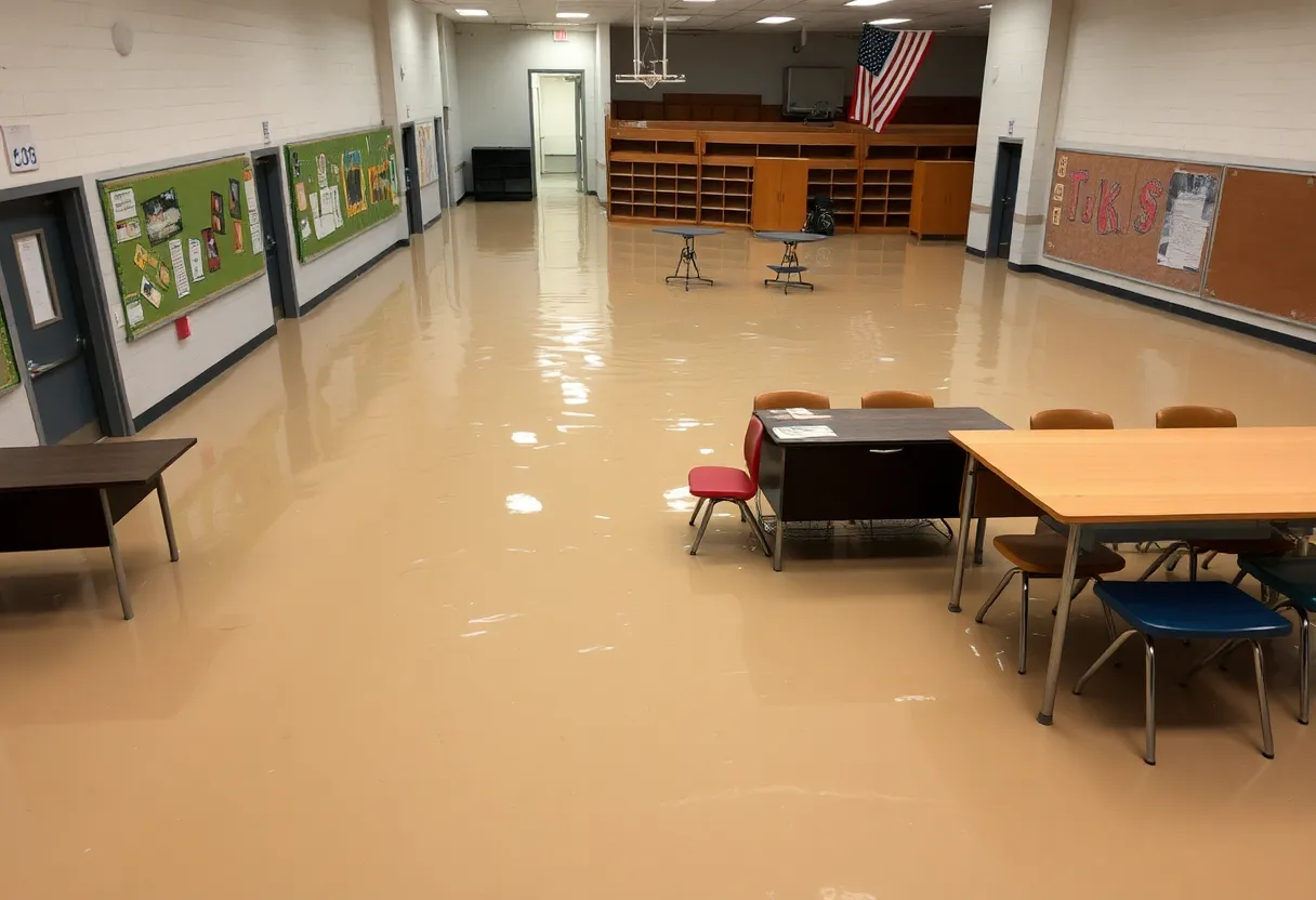 Flooded hallways and classrooms at Oneida High School