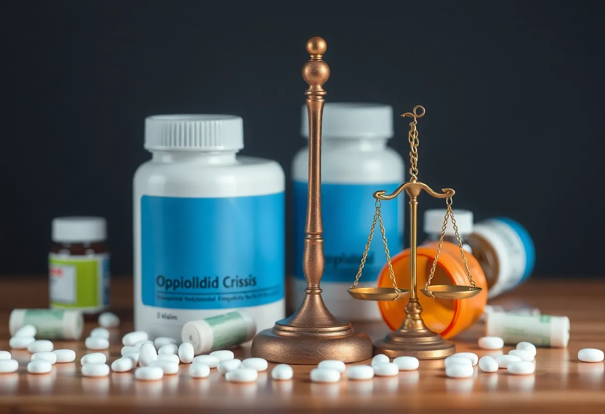 Abstract representation of the opioid crisis with medicine bottles and justice scales.