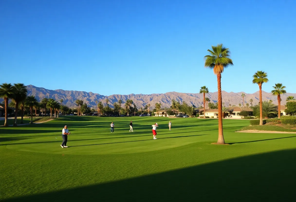 Scenic view of a golf course in Greater Palm Springs with golfers in action.