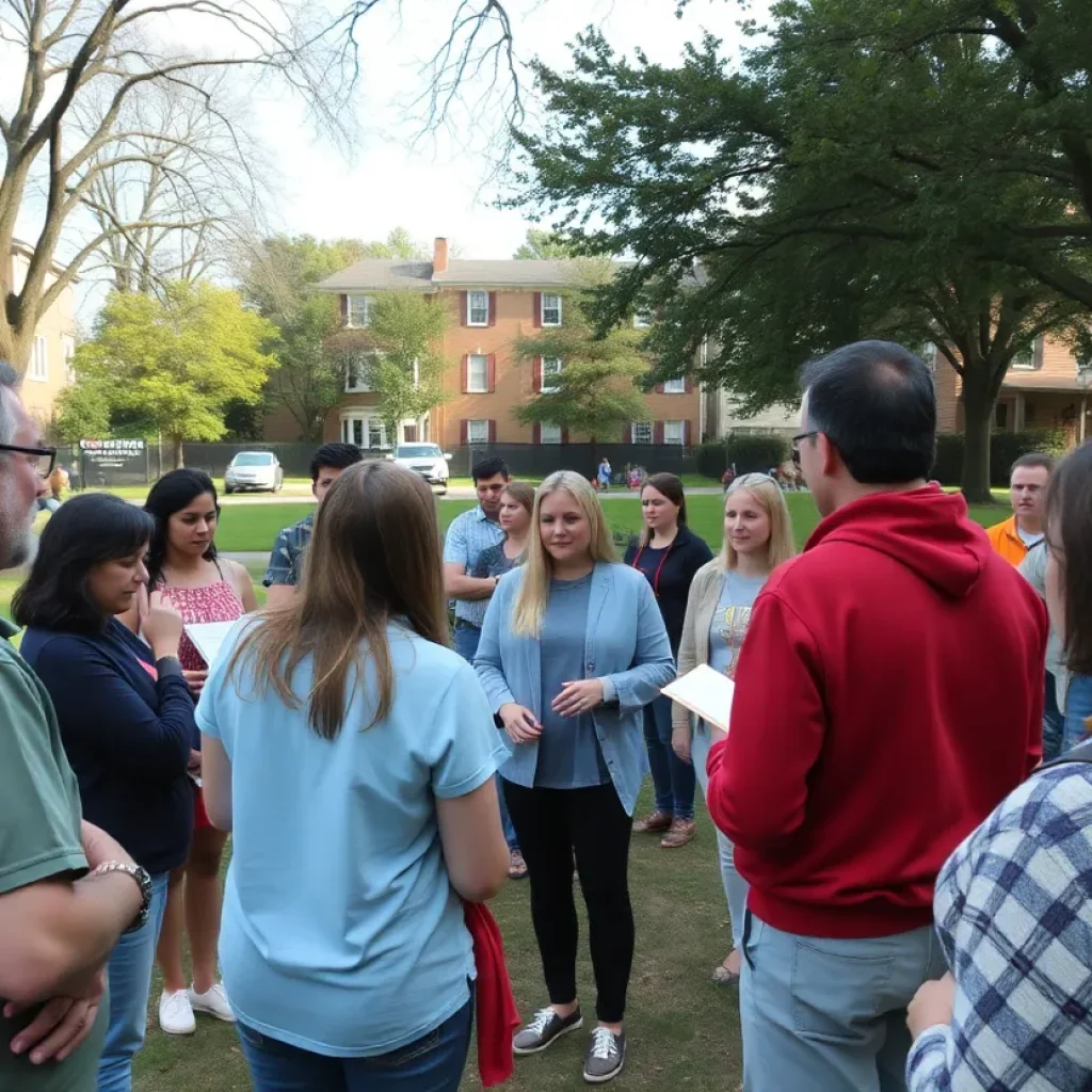 Community members gather in a park discussing addiction recovery resources.