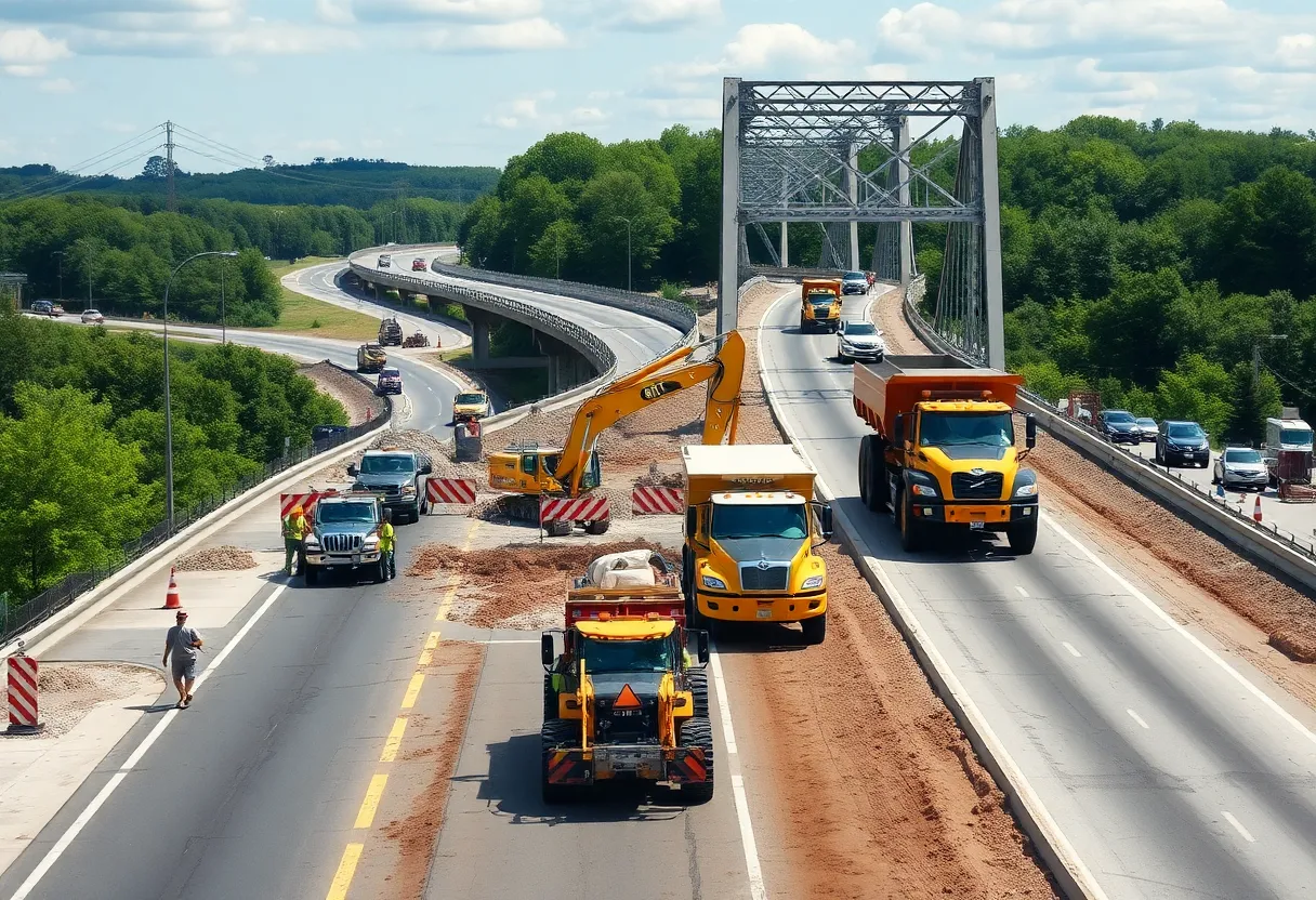 Construction workers and heavy machinery working on Rhode Island infrastructure projects.
