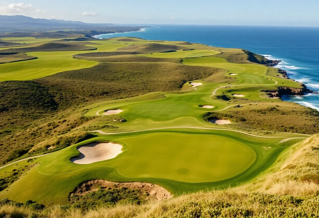 A panoramic view of a royal golf course featuring ocean and landscape