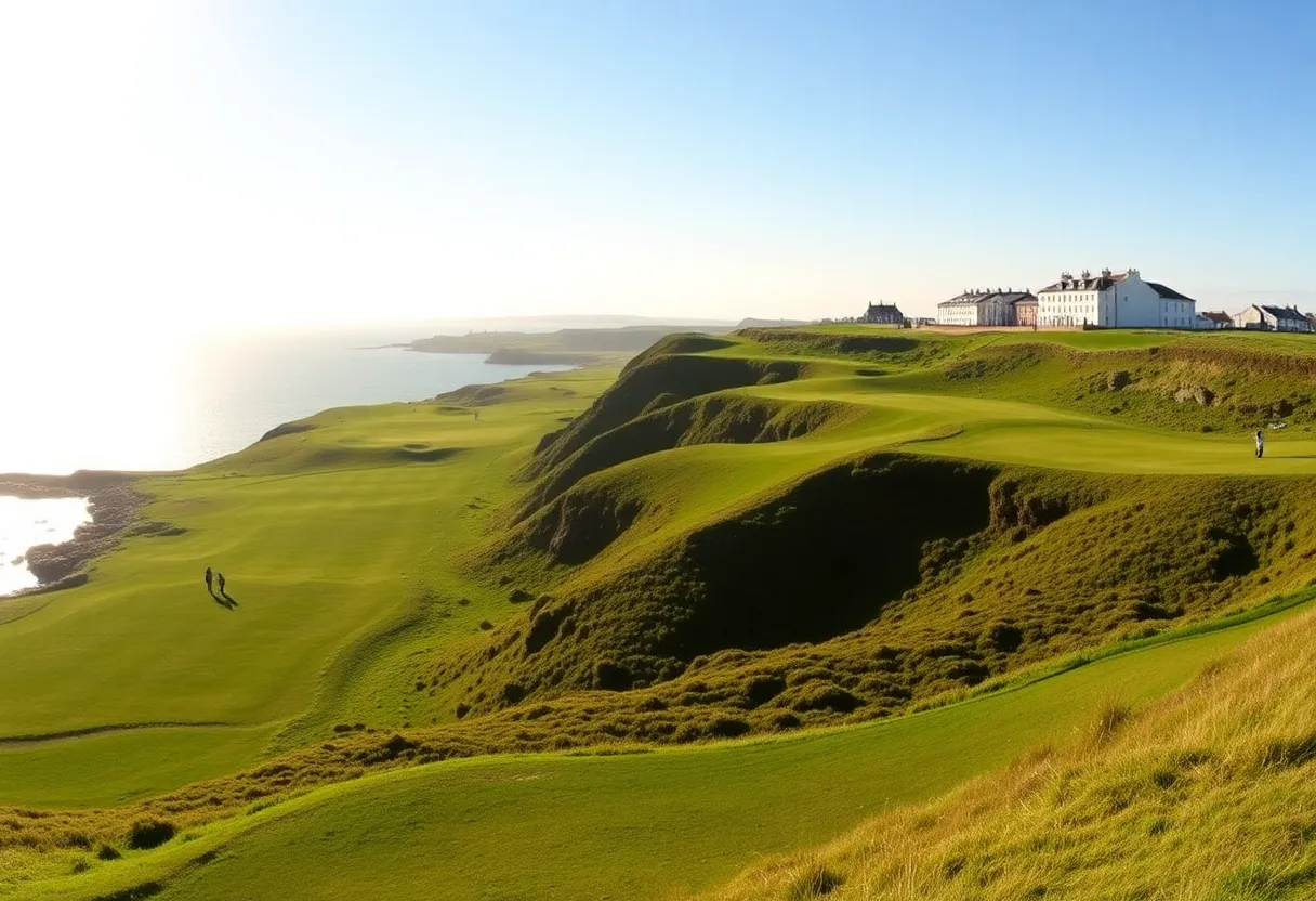 View of Royal Portrush golf course with players and coastal backdrop