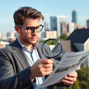 A person analyzing real estate listings with a magnifying glass in Baltimore.