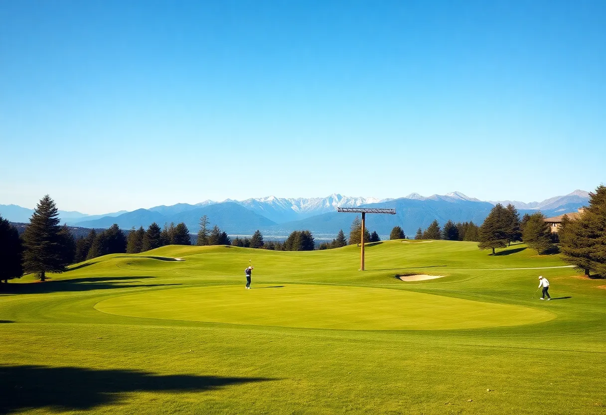 Scenic view of a golf course with mountains