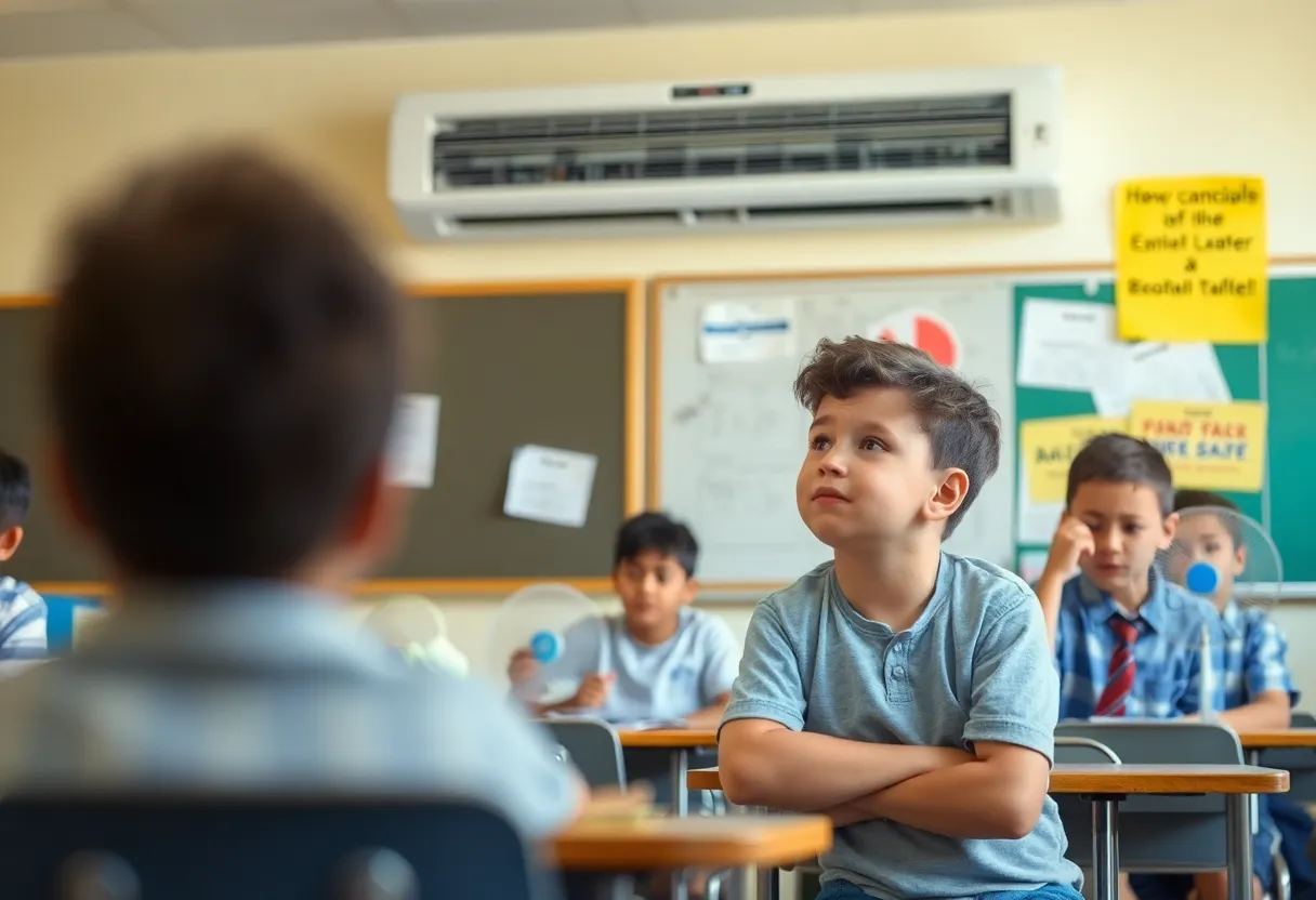 Students in a warm classroom with malfunctioning air conditioning.