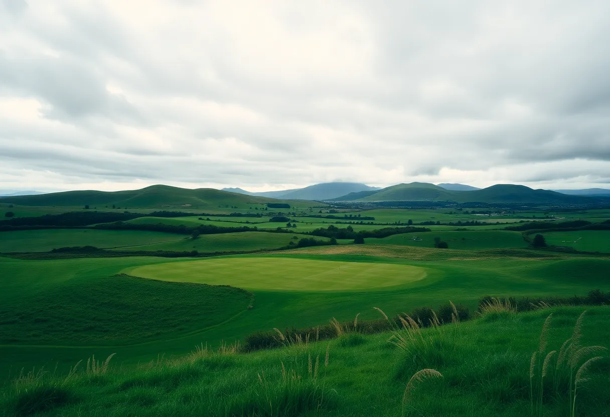 View of a golf course in Scotland amidst hills and greenery