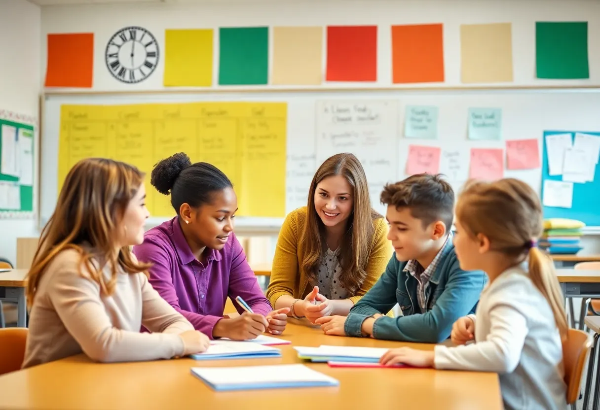 Classroom scene highlighting educational collaboration and success