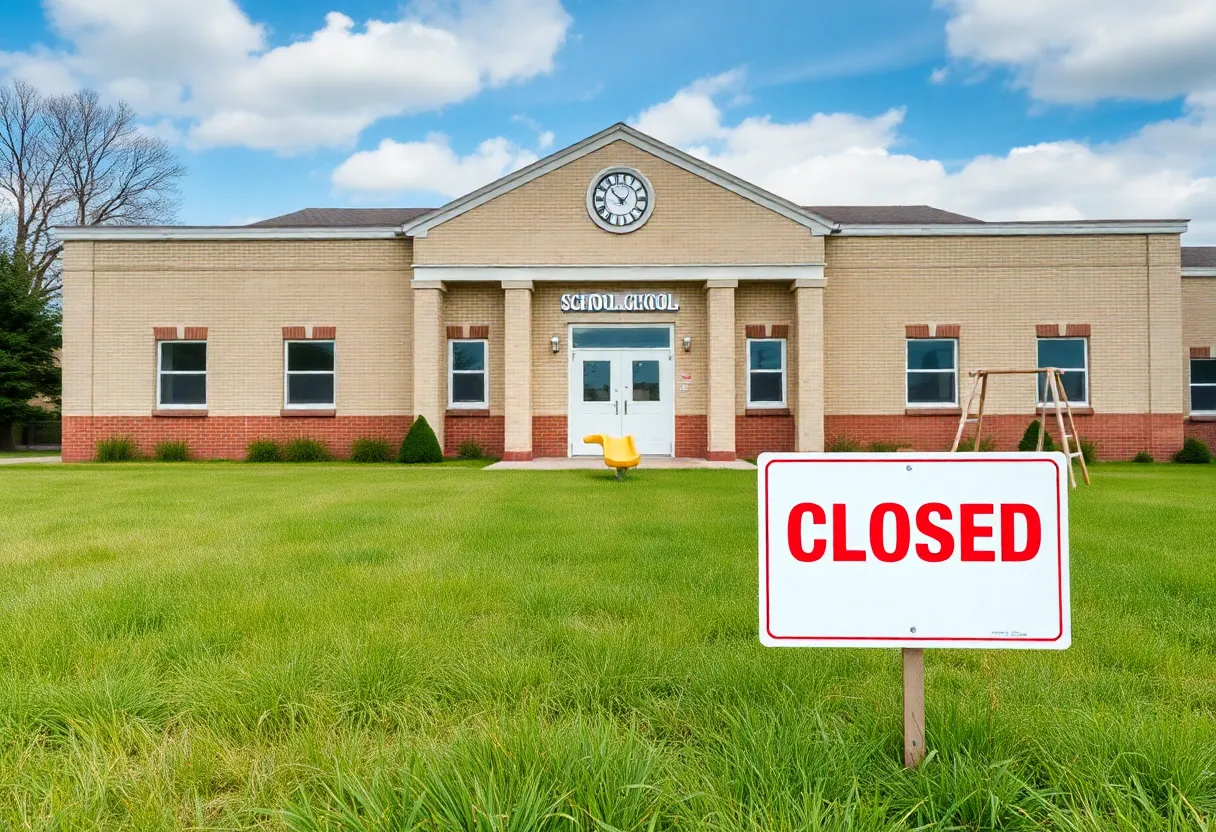 An abandoned school building with a closed sign