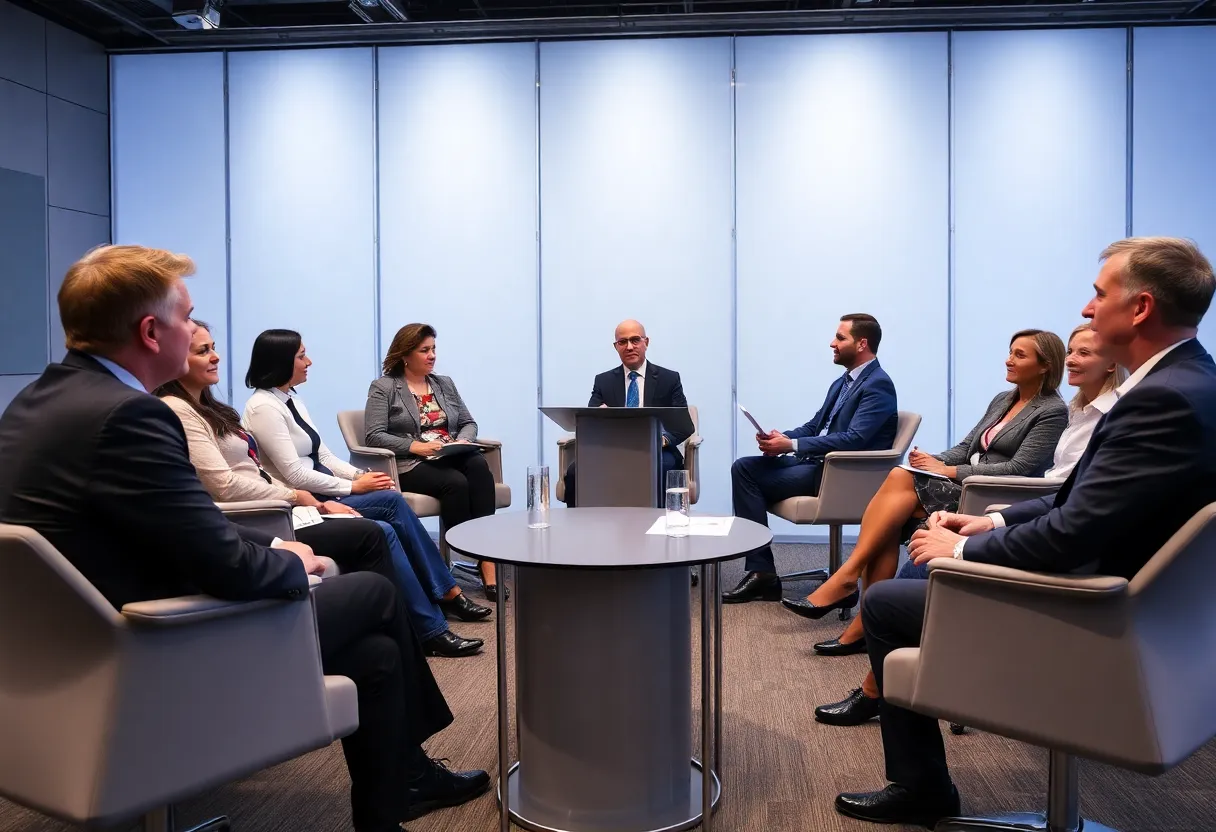 A group of people engaged in a discussion about vaccine policies in a conference setting.