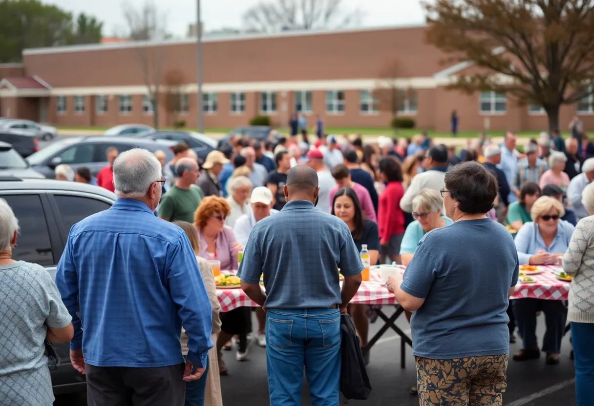 Woodlawn High School reunion picnic with people gathered, reflecting a somber mood.