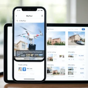 A drone capturing aerial views of a modern home.