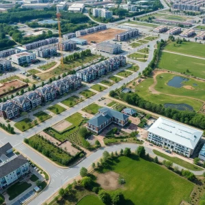 Construction site of The Aire at Westchester with homes and parks