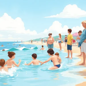 Parents vigilance at the beach watching children swim.