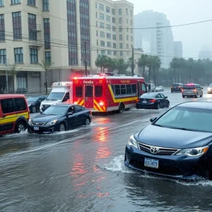 Emergency response vehicles navigating through flooded streets in Chattanooga