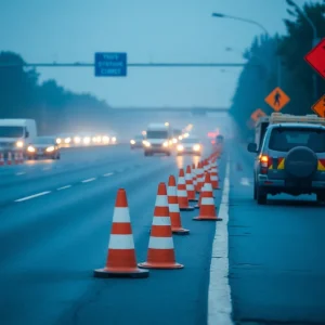 Construction zone with safety cones and vehicles.