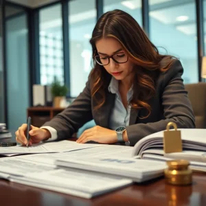 Corporate office with financial documents related to embezzlement investigation