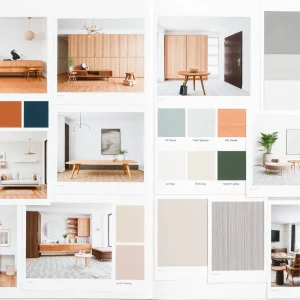 A mood board showcasing DIY home design ideas including color palettes and material samples.