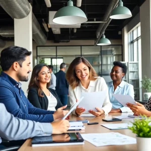 A diverse group of real estate agents collaborating in an office