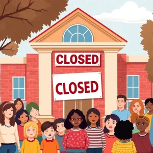 Illustration of Flowery Elementary School with a closed sign