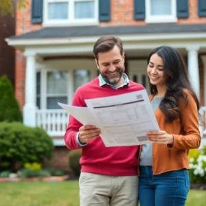 Couple reviewing home appraisal report in front of a Baltimore house