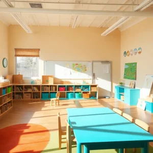 Montessori classroom featuring educational materials and multi-age learning setup