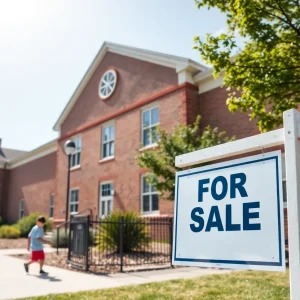 A school building with a 'For Sale' sign in front, illustrating potential school closures.