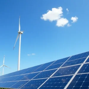 Wind turbines and solar panels in a renewable energy farm
