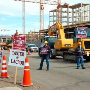 Workers on strike at a construction site in Tri-Cities